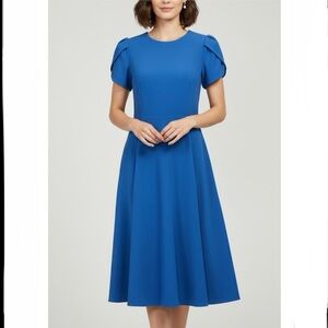 Calvin Klein Blue Tulip Sleeve Stretch Crepe‎ Flare Dress Size 6